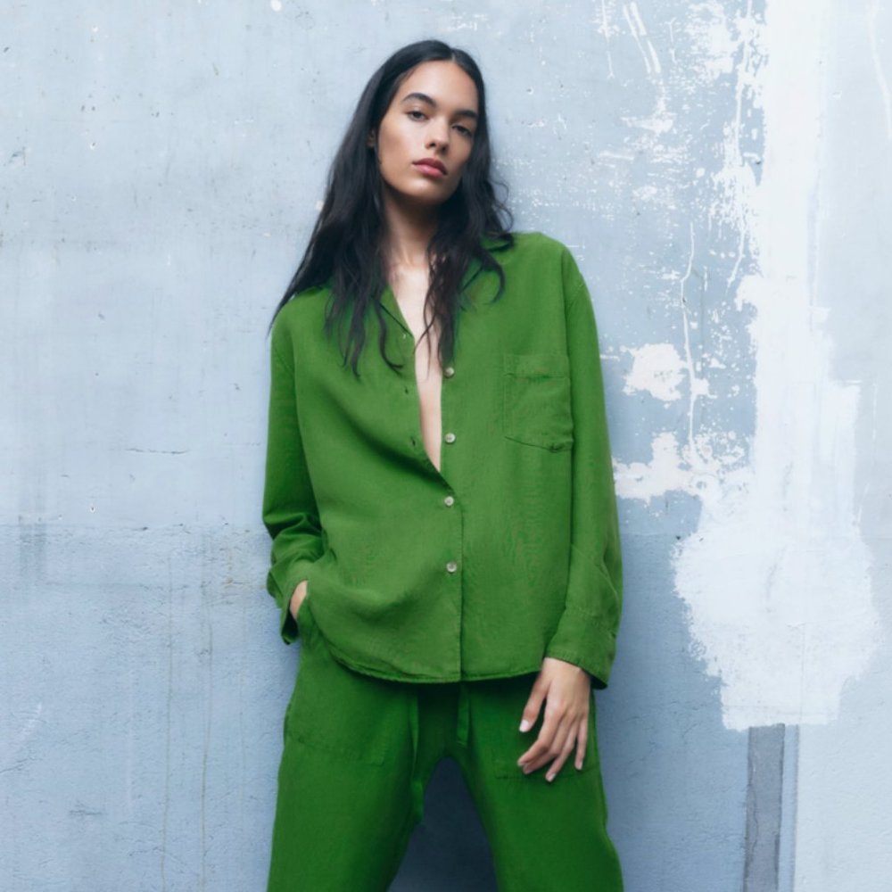 Zara XS Linen Blend Button Down Shirt with Pocket - Light Green Oversized